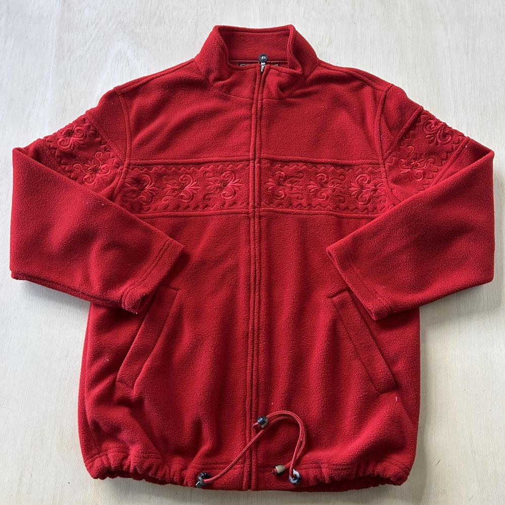 FU DA Fleece Jacket Womens Medium Red Embroidered Floral Full Zip Pockets